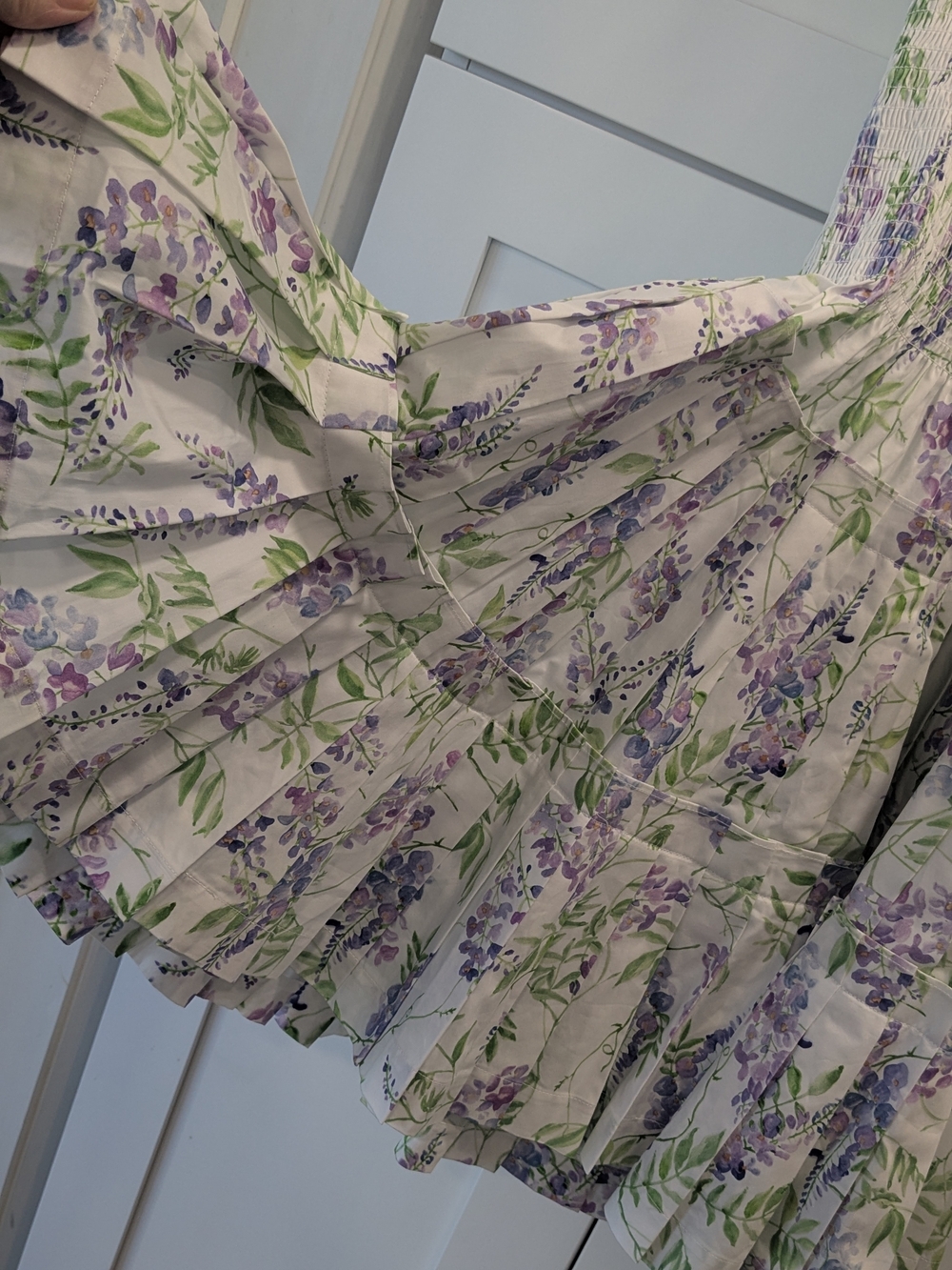 Hill House White Floral Smocked Ruffle Mini Dress in Lavender and Green - Picture 7 of 9